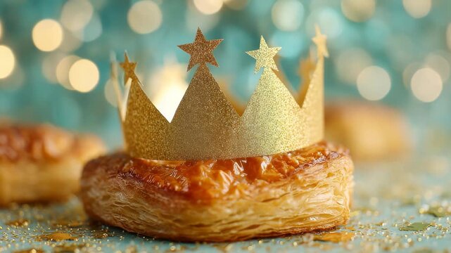 Golden crown on delicious galette des rois for epiphany day tradition