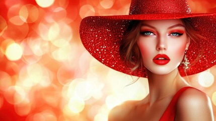 A woman is shown with a sparkly red hat and matching makeup, with a blurred and bokeh background. She is also wearing sparkly earrings