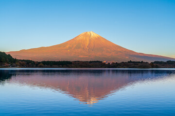 秋の田貫湖に映る,夕日に照らされて赤く染まる富士山