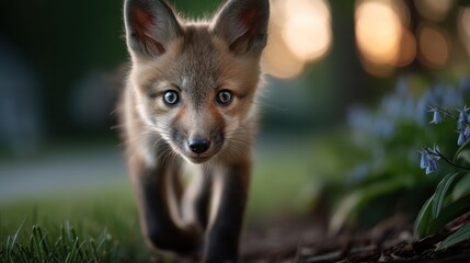 Obraz premium A small fox kit walks directly toward the viewer in a natural outdoor setting. Plants and trees provide a blurred, colorful background at dusk