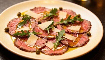 Beef carpaccio drizzled with olive oil, parmesan, arugula, and capers