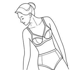 Line art drawing of a woman wearing a bra and highwaisted brief isolated on