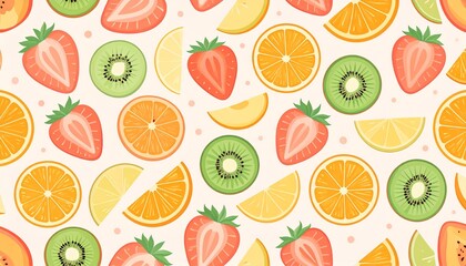 Aesthetic pastel fruit slice seamless pattern featuring strawberry, peach, orange, and kiwi slices, smooth pastel tones, soft edges, repeating tile for stationery and fabric.