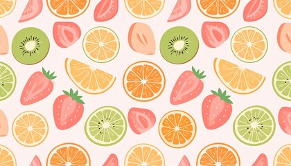 Aesthetic pastel fruit slice seamless pattern featuring strawberry, peach, orange, and kiwi slices, smooth pastel tones, soft edges, repeating tile for stationery and fabric.