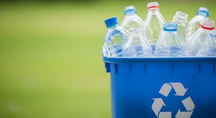 Blue Recycle Bin Filled with Clear Plastic Bottles Outdoors on Green Background