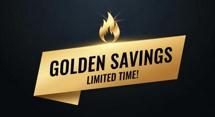 Graphic of a golden banner with text "Golden Savings" and a golden flame on a dark background, representing discounts and limited-time offers
