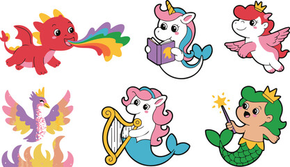 Fototapeta premium Collection of Cute Fantasy Creatures Dragon Unicorn Pegasus Phoenix Mermicorn and Mermaid