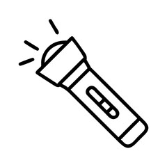 Simple line art icon of a flashlight shining brightly, isolated on