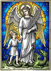 Angel and Child Stained Glass Art with Dragon Holy Figure Victory Symbol Colorful Vitray Religious Illustration