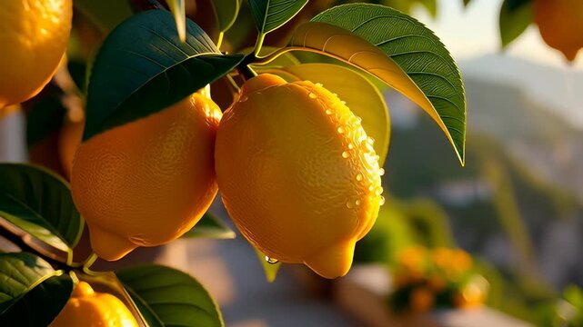 Fresh yellow lemons hanging on a tree branch with dripping water drops against a blurred golden sea sunset background, ideal for summer agriculture concepts