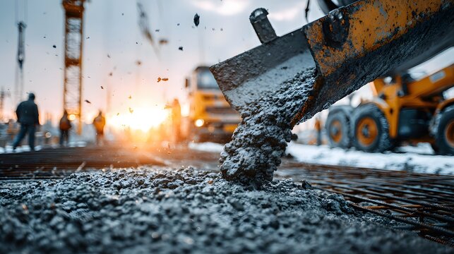 Dynamic, industrial photograph of wet concrete being poured from a cement mixer's chute onto a steel rebar foundation at a construction site.