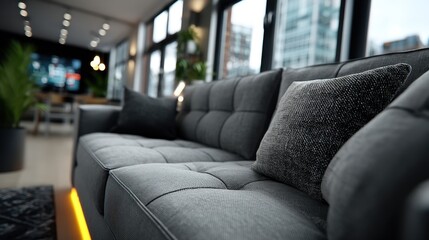 A comfortable gray sofa with decorative pillows sits in a stylish living room with large windows showing a modern cityscape outside during daytime