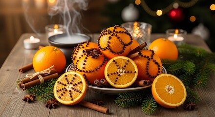Oranges studded with cloves and cinnamon sticks with holiday decor.