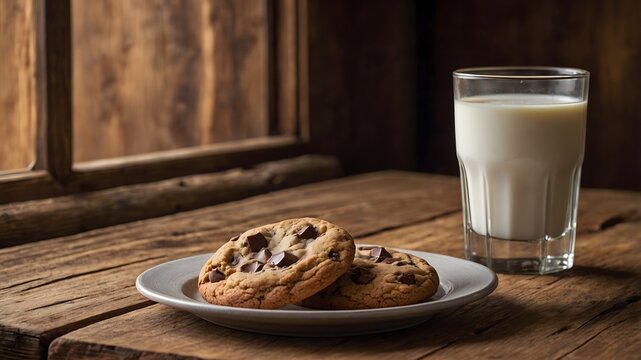 delicious chocolate chip cookies are artfully presented on a small plate alongside a refreshing glass of milk