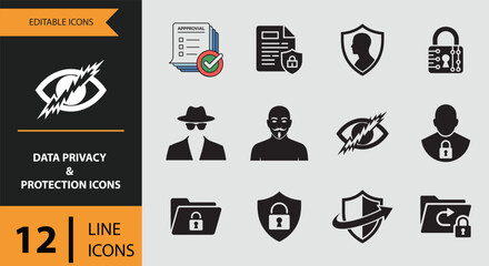 12 Data Privacy and Protection Icons solid icon set Solid icons for sensitive information privacy and secure storage