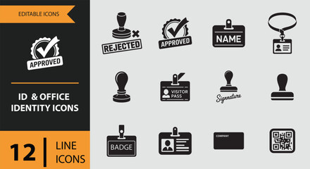 12 ID and Office Identity Icons solid icon set Solid identity icons for employee verification and office security