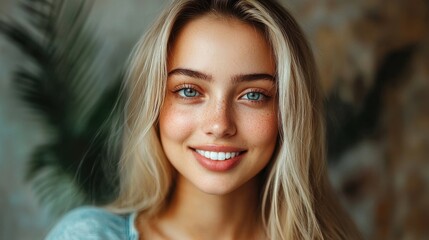 A light-skinned woman smiles. She has long blonde hair, blue eyes, and freckles on her face. Soft, natural light illuminates her