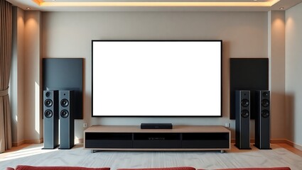 Modern living room interior with a large blank white screen television for mock up isolated on white background