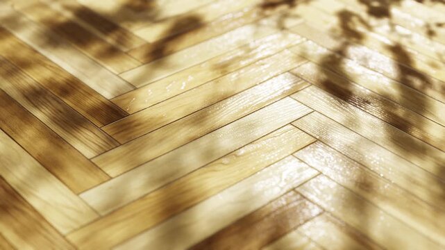 Herringbone wood floor with shadows and sunlight for a natural background.