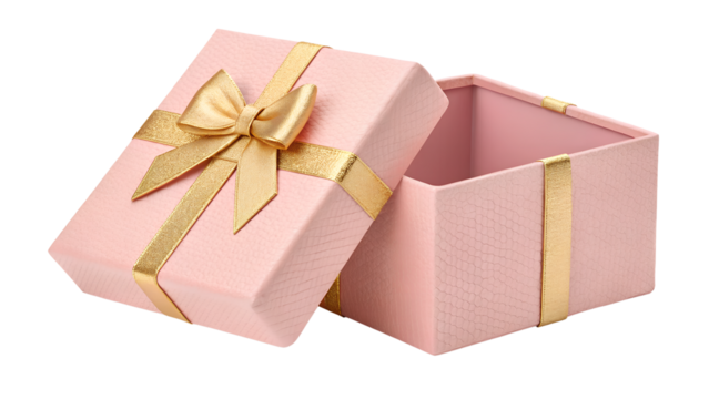 Pink gifts box open 3d render. box with gold glossy ribbon isolated on white background. Holiday decoration presents. Realistic icon for birthday or wedding banners. ... See More

