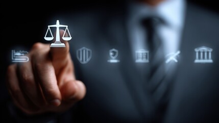 Lawyer Consulting on Labor Law and Corporate Rules using Virtual Screen Icon of Justice