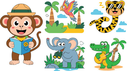 Fototapeta premium Cute cartoon animals enjoying in jungle safari and music illustration