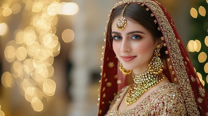 A young woman in a traditional South Asian wedding outfit with heavy gold jewelry smiles softly. Soft bokeh lights are visible in the background