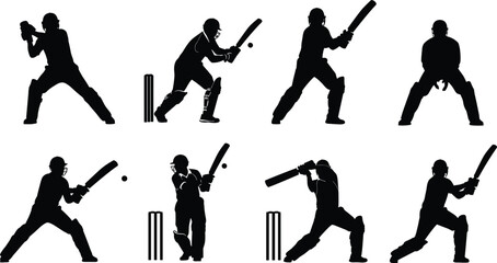 Set of eight cricket batsman player silhouettes vector illustration, capturing various batting strokes and action poses, perfect for sports design, tournament posters, and athletic event promotion.