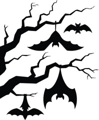Halloween night scene with spooky dead tree branch and flying or hanging bats black silhouette, gothic horror, scary forest, and nocturnal vector illustration