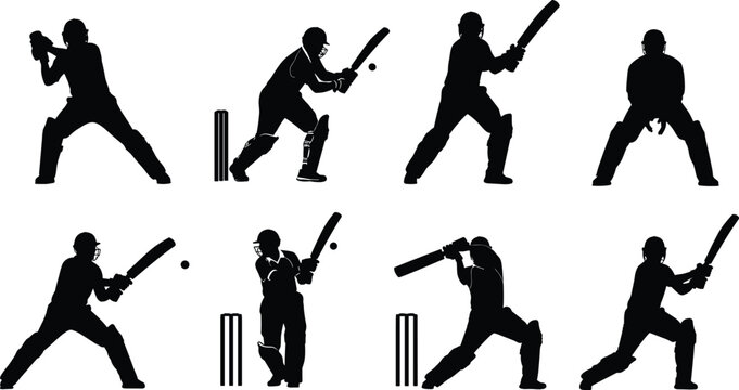 Set of eight cricket batsman player silhouettes vector illustration, capturing various batting strokes and action poses, perfect for sports design, tournament posters, and athletic event promotion. - Powered by Adobe