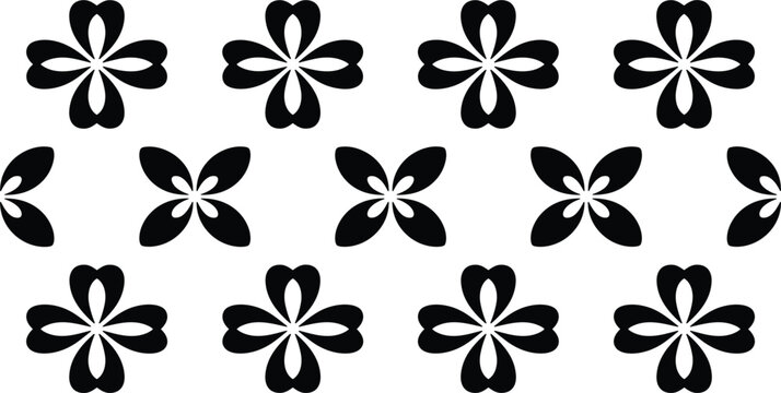 Black four-leaf clover decorative pattern element, stylized flower or lucky charm icon, geometric floral motif, seamless repeating graphic design vector element