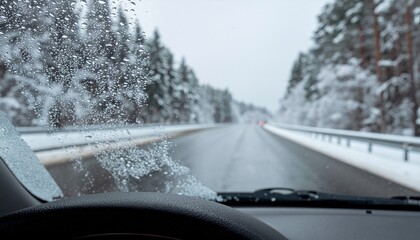 View from inside a car on a snowy winter road with ice on the windshield during cold weather travel