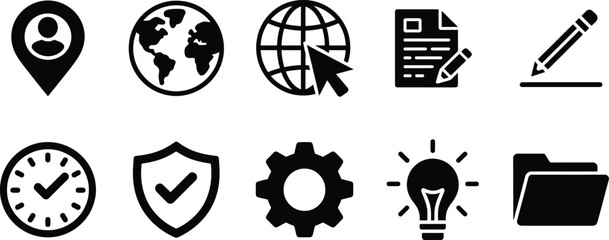 Set of ten black solid icons representing user, location, globe, internet, document, writing, time, security, setting, idea, and folder 