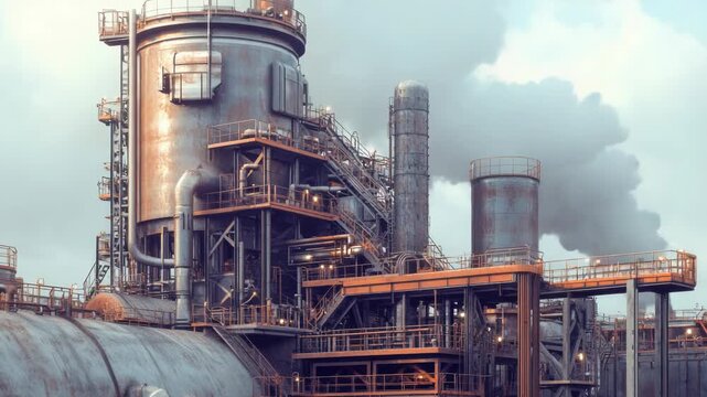 Video A large industrial factory with thick black smoke billowing out from the chimney and vents, suggesting high levels of air pollution
