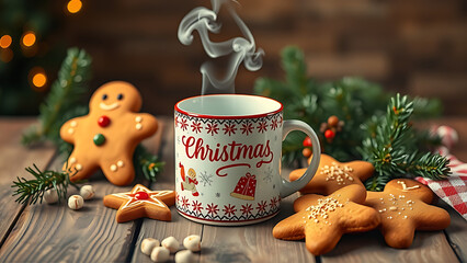 Christmas mug of hot chocolate with gingerbread man cookie and candy cane on wooden table