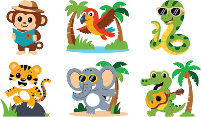Obraz premium Cute Jungle Animal Cartoon Characters Collection on White Background for Kids