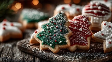 Festive, close-up photograph of brightly decorated Christmas sugar cookies shaped like stars and trees on a rustic table with powdered sugar dusting.