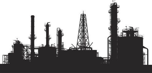 Industrial factory silhouette, oil refinery, chemical plant, or power station, manufacturing industry, energy production, engineering, and infrastructure vector graphic