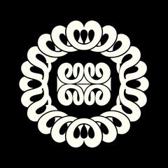 Black and white abstract circular emblem with ornate scrollwork design