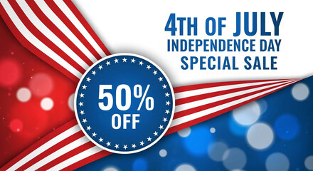 Graphic with red and white stripes, star circle and 50% off text, for Independence Day sale, representing national celebration and discount offer