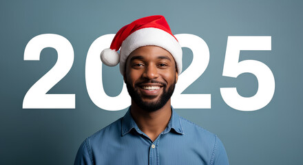 Happy Man Santa Hat 2025 isolated on simple background. Smiling African man in a Santa hat with 2025 text for for New Year's, Christmas, and holiday greeting designs