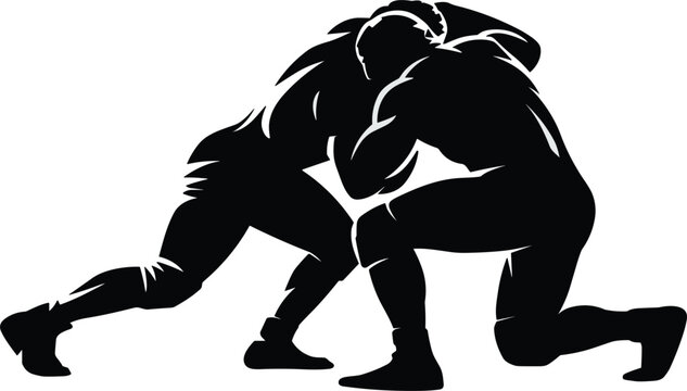Two wrestlers grappling in a black and white dynamic silhouette, combative sports, wrestling match illustration, fighting, competition, and strength vector graphic