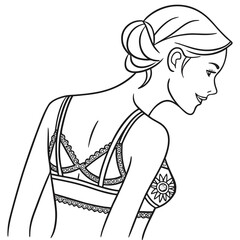 Line art drawing of a woman wearing a detailed lace bra, isolated on