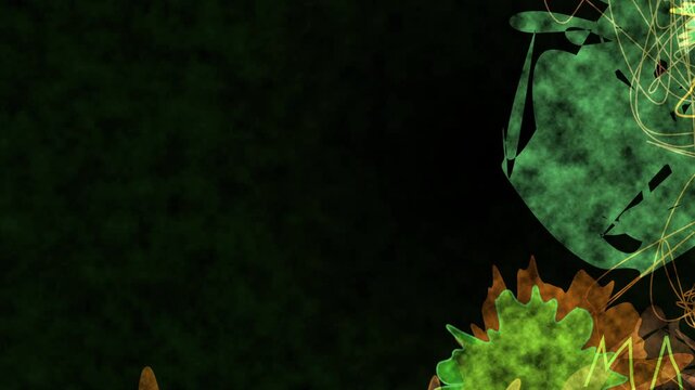 Dark green abstract background with subtle texture and a hint of bright green organic shape in the lower right corner