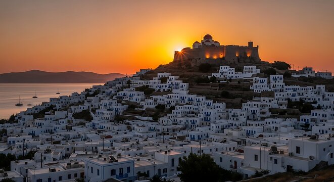 White village with fortress and dome overlooks sea at sunset.