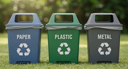 Recycling Bins on Green Grass Blue, Green, and Gray Containers