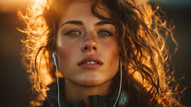Young woman enjoys listening to music with headphones during outdoor exercise at dusk, embodying peace and relaxation - Powered by Adobe