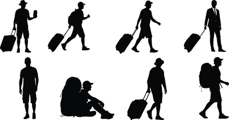 Traveler and tourist vector silhouettes collection, depicting diverse men walking with luggage, rolling suitcases, and carrying large backpacks, isolated on white background.