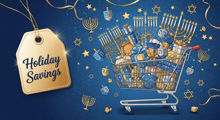 Illustration of shopping cart filled with gifts and menorahs on blue starry background, with golden tag. Concept: Holiday savings, Hanukkah celebration
