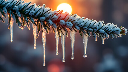 Icicles hanging from pine tree branch covered in snow with sunset background